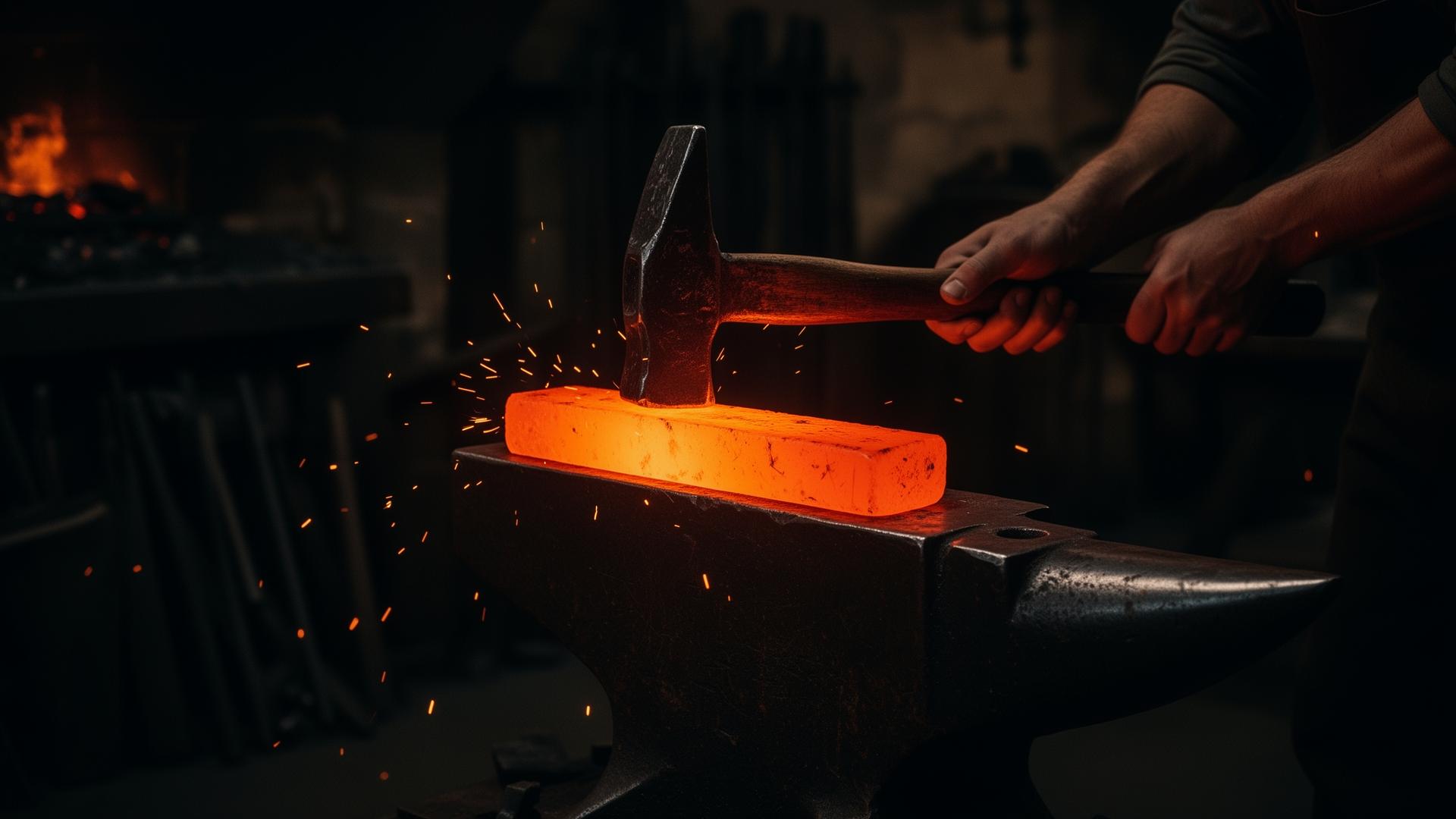 Blacksmith hammering glowing steel on an anvil